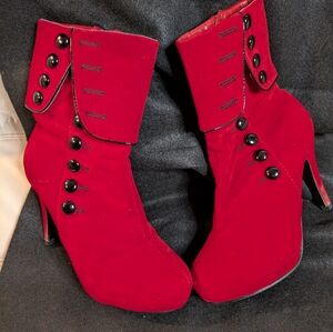 Red Velvet Platform Ankle Boots with black trim and buttons. Sz 39 or US 8